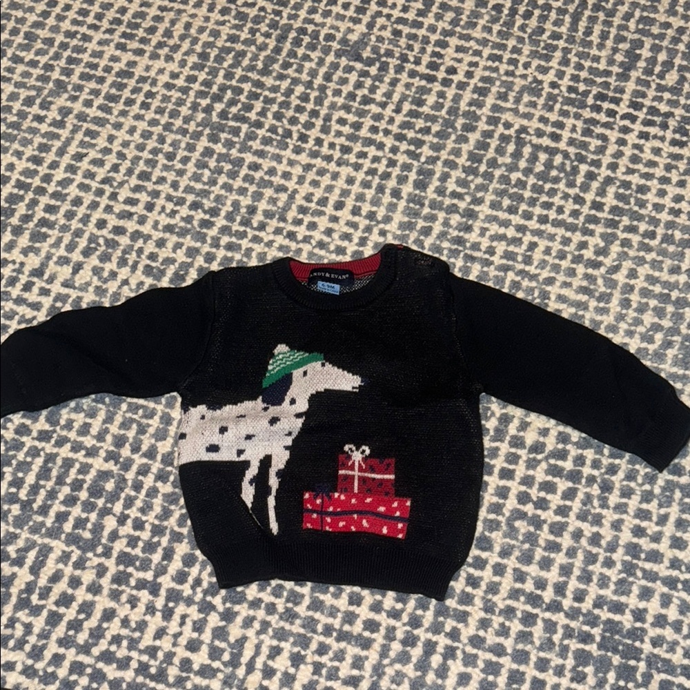 Andy and Evan Black Christmas Sweater with Dog and Gifts Design